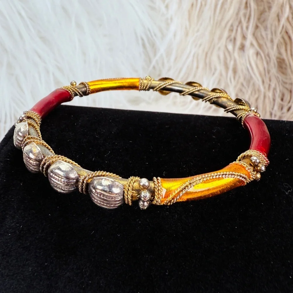 Vintage aged Goldtone and Red Bangle Bracelet